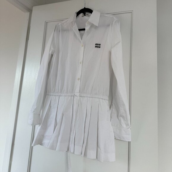 ❌SOLD❌NWT Miu Miu Shirt Dress Mini Length In White Sz 40 Long Sleeves Logo - Picture 2 of 9